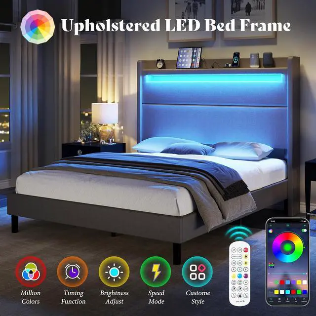 Alt view image 4 of 7 - Queen Bed Frame with LED Light & Wingback Headboard, Upholstered Platform Bed with USB & USB-C Ports, No Box Spring Needed/Noise Free/Light Grey