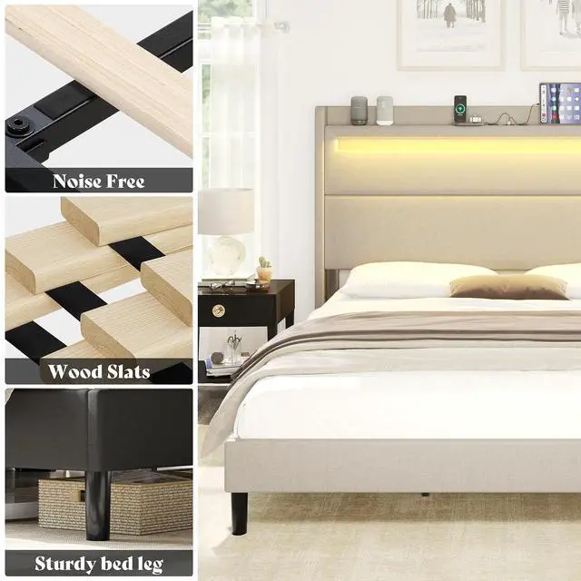 Alt view image 6 of 7 - Queen Bed Frame with LED Light & Wingback Headboard, Upholstered Platform Bed with USB & USB-C Ports, No Box Spring Needed/Noise Free/Light Grey
