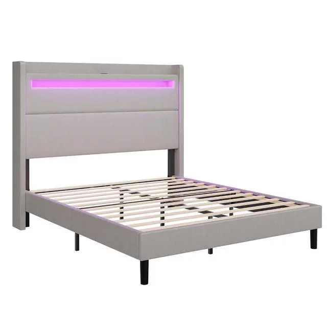 Alt view image 7 of 7 - Queen Bed Frame with LED Light & Wingback Headboard, Upholstered Platform Bed with USB & USB-C Ports, No Box Spring Needed/Noise Free/Light Grey