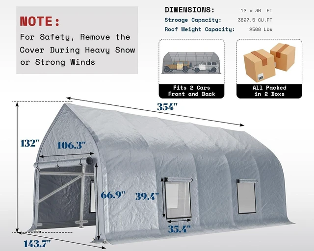 Alt view image 2 of 7 - 12 x 30 FT Walnut-Shaped Enclosed Carport, Outdoor Heavy Duty Garage Shelter with Roll-Up Doors, Portable Car Shelter for Trucks, Boats, Farm Equipment, Silver