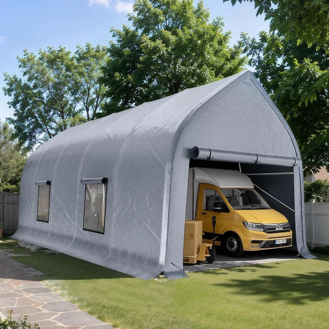Main image of 12 x 30 FT Walnut-Shaped Enclosed Carport, Outdoor Heavy Duty Garage Shelter with Roll-Up Doors, Portable Car Shelter for Trucks, Boats, Farm Equipment, Silver