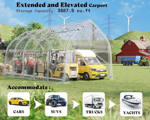 Alt view image 4 of 7 - 12 x 30 FT Walnut-Shaped Enclosed Carport, Outdoor Heavy Duty Garage Shelter with Roll-Up Doors, Portable Car Shelter for Trucks, Boats, Farm Equipment, Silver