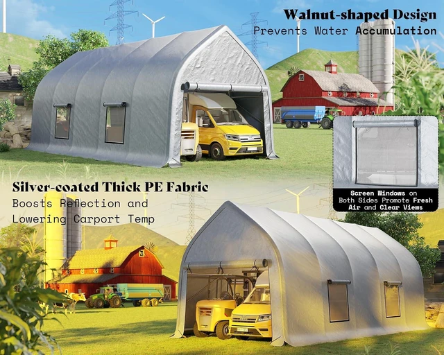 Alt view image 6 of 7 - 12 x 30 FT Walnut-Shaped Enclosed Carport, Outdoor Heavy Duty Garage Shelter with Roll-Up Doors, Portable Car Shelter for Trucks, Boats, Farm Equipment, Silver