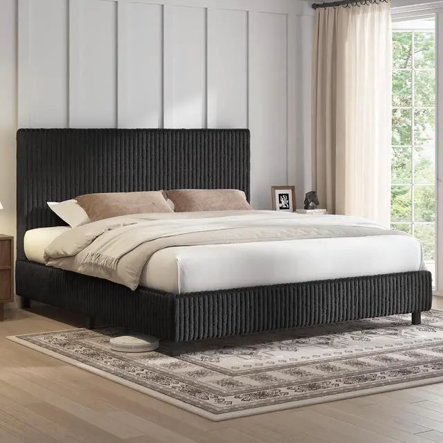 Main image of King Bed Frame, Upholstered Metal Platform Bed with Vertical Channel Tufted Headboard, Soft Fabric & Strong Metal Slats, Noise-Free/Easy Assembly, Black King Upholstered Bed and Headboard