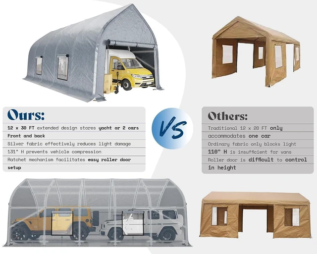 Alt view image 5 of 7 - 12 x 30 FT Walnut-Shaped Enclosed Carport, Outdoor Heavy Duty Garage Shelter with Roll-Up Doors, Portable Car Shelter for Trucks, Boats, Farm Equipment, Silver