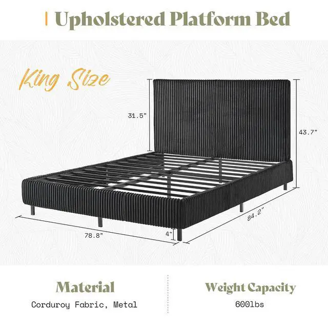 Alt view image 2 of 7 - King Bed Frame, Upholstered Metal Platform Bed with Vertical Channel Tufted Headboard, Soft Fabric & Strong Metal Slats, Noise-Free/Easy Assembly, Black King Upholstered Bed and Headboard