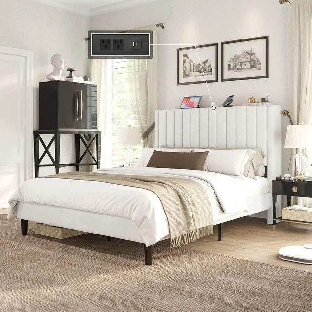 Main image of Queen Size Bed Frame, Velvet Upholstered Platform Bed with Channel Tufted Headboard, Mattress Foundation with Wood Slats, No Box Spring Needed, Noise Free, White