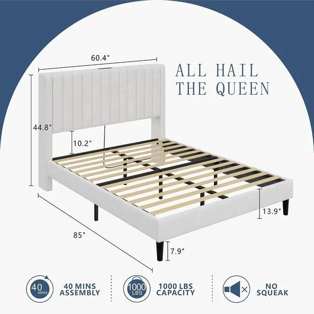 Alt view image 2 of 7 - Queen Size Bed Frame, Velvet Upholstered Platform Bed with Channel Tufted Headboard, Mattress Foundation with Wood Slats, No Box Spring Needed, Noise Free, White