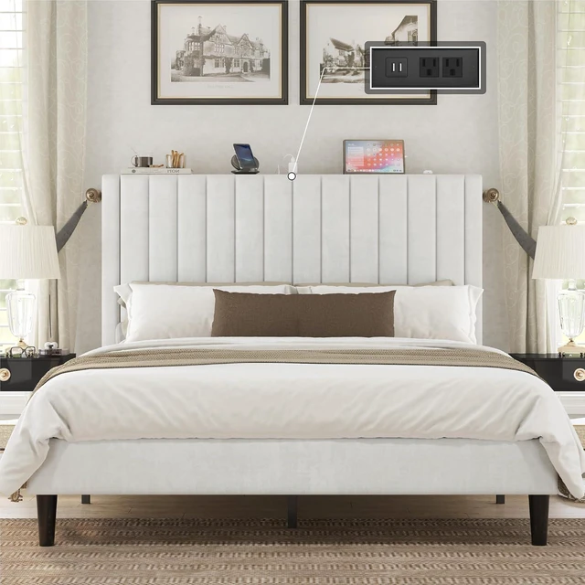 Alt view image 3 of 7 - Queen Size Bed Frame, Velvet Upholstered Platform Bed with Channel Tufted Headboard, Mattress Foundation with Wood Slats, No Box Spring Needed, Noise Free, White