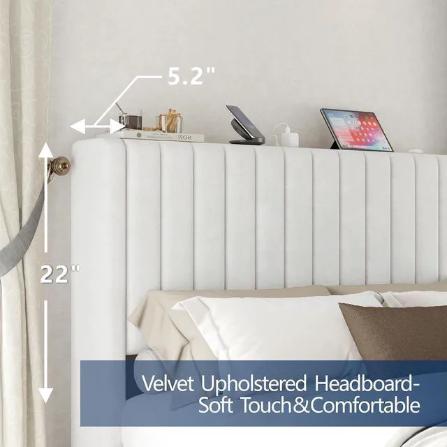 Alt view image 4 of 7 - Queen Size Bed Frame, Velvet Upholstered Platform Bed with Channel Tufted Headboard, Mattress Foundation with Wood Slats, No Box Spring Needed, Noise Free, White
