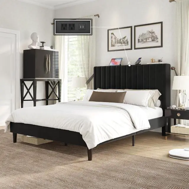 Main image of Queen Size Bed Frame, Velvet Upholstered Platform Bed with Channel Tufted Headboard, Mattress Foundation with Wood Slats, No Box Spring Needed, Noise Free, Black