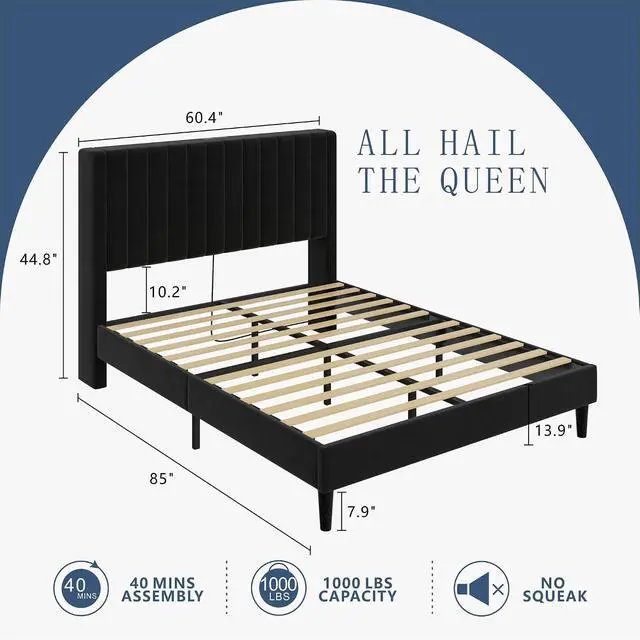 Alt view image 2 of 7 - Queen Size Bed Frame, Velvet Upholstered Platform Bed with Channel Tufted Headboard, Mattress Foundation with Wood Slats, No Box Spring Needed, Noise Free, Black