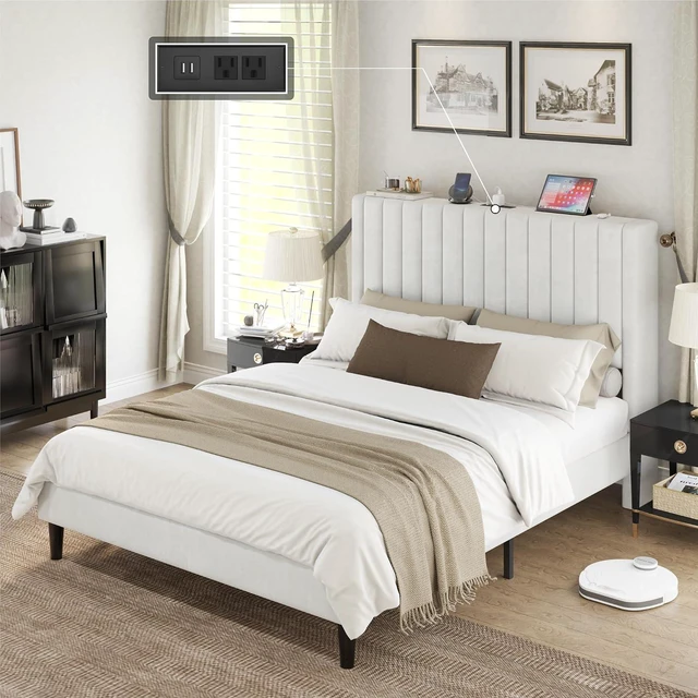 Alt view image 7 of 7 - Queen Size Bed Frame, Velvet Upholstered Platform Bed with Channel Tufted Headboard, Mattress Foundation with Wood Slats, No Box Spring Needed, Noise Free, White