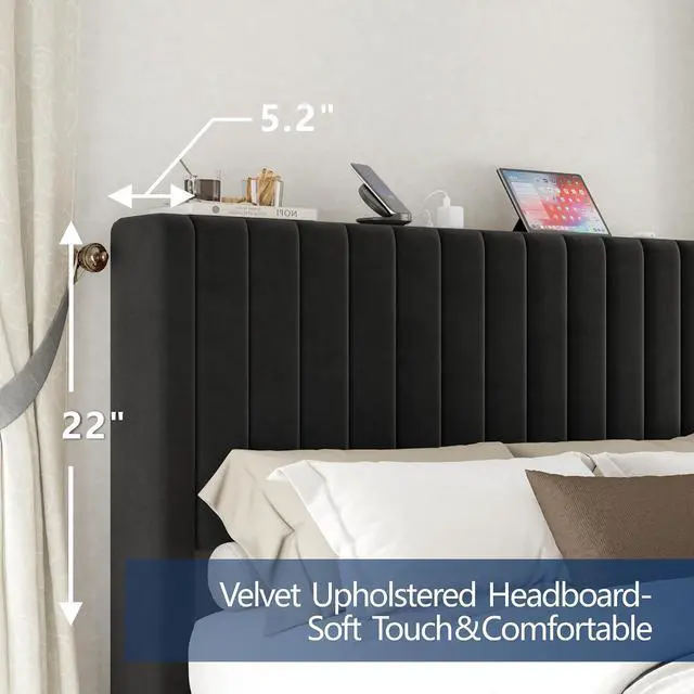 Alt view image 4 of 7 - Queen Size Bed Frame, Velvet Upholstered Platform Bed with Channel Tufted Headboard, Mattress Foundation with Wood Slats, No Box Spring Needed, Noise Free, Black