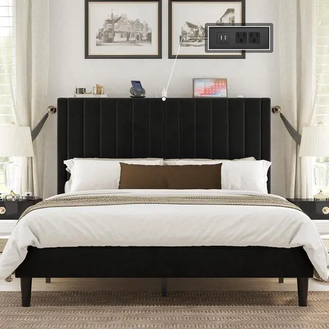 Alt view image 3 of 7 - Queen Size Bed Frame, Velvet Upholstered Platform Bed with Channel Tufted Headboard, Mattress Foundation with Wood Slats, No Box Spring Needed, Noise Free, Black