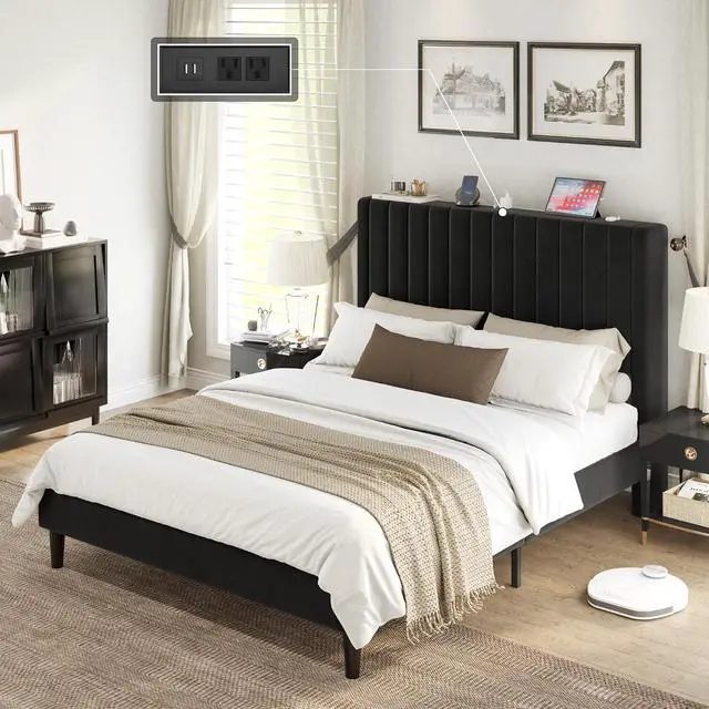 Alt view image 7 of 7 - Queen Size Bed Frame, Velvet Upholstered Platform Bed with Channel Tufted Headboard, Mattress Foundation with Wood Slats, No Box Spring Needed, Noise Free, Black