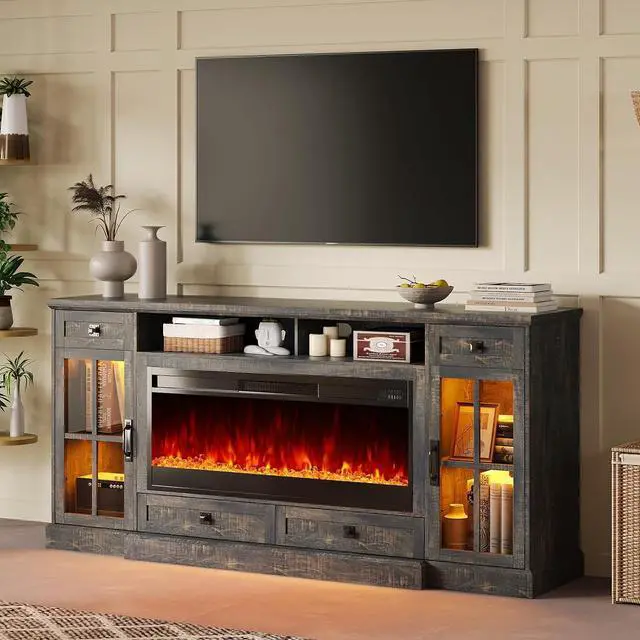 Main image of 70 Fireplace TV Stand for 80 Inch TV, Farmhouse TV Stand with 42" Fireplace & LED Lights, Entertainment Center with Storage Drawers & Cabinets, Dark Rustic Oak