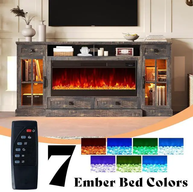 Alt view image 3 of 7 - 70 Fireplace TV Stand for 80 Inch TV, Farmhouse TV Stand with 42" Fireplace & LED Lights, Entertainment Center with Storage Drawers & Cabinets, Dark Rustic Oak