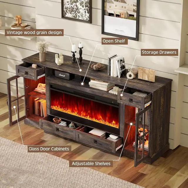 Alt view image 2 of 7 - 70 Fireplace TV Stand for 80 Inch TV, Farmhouse TV Stand with 42" Fireplace & LED Lights, Entertainment Center with Storage Drawers & Cabinets, Dark Rustic Oak
