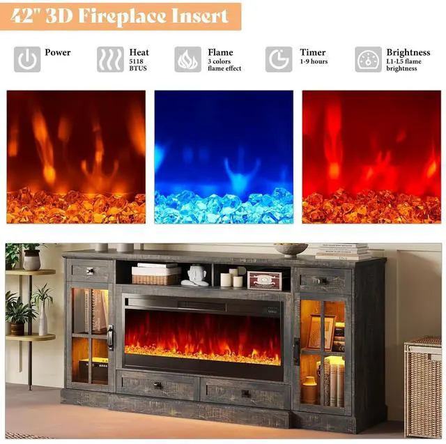 Alt view image 4 of 7 - 70 Fireplace TV Stand for 80 Inch TV, Farmhouse TV Stand with 42" Fireplace & LED Lights, Entertainment Center with Storage Drawers & Cabinets, Dark Rustic Oak