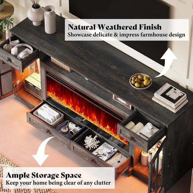 Alt view image 5 of 7 - 70 Fireplace TV Stand for 80 Inch TV, Farmhouse TV Stand with 42" Fireplace & LED Lights, Entertainment Center with Storage Drawers & Cabinets, Dark Rustic Oak