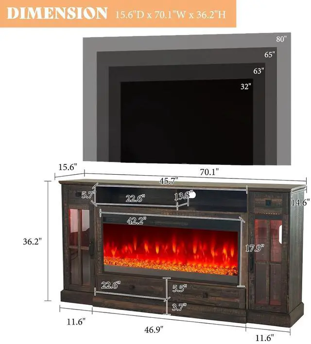 Alt view image 6 of 7 - 70 Fireplace TV Stand for 80 Inch TV, Farmhouse TV Stand with 42" Fireplace & LED Lights, Entertainment Center with Storage Drawers & Cabinets, Dark Rustic Oak