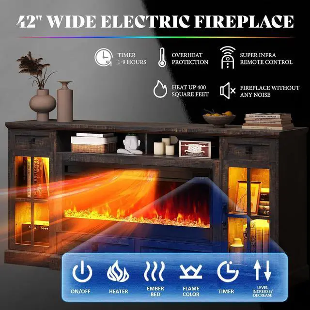 Alt view image 7 of 7 - 70 Fireplace TV Stand for 80 Inch TV, Farmhouse TV Stand with 42" Fireplace & LED Lights, Entertainment Center with Storage Drawers & Cabinets, Dark Rustic Oak