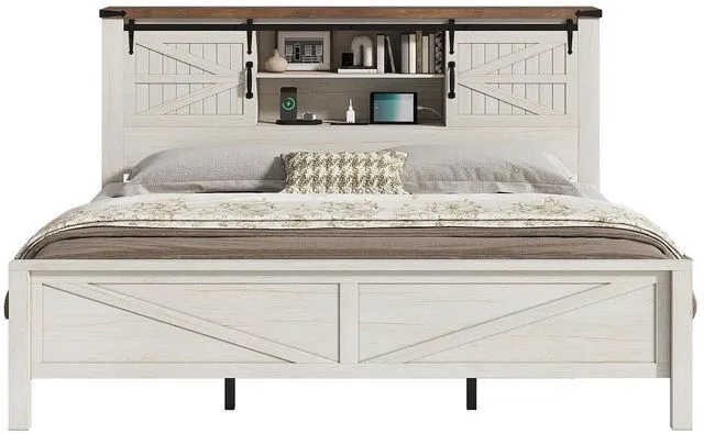 Main image of King Size Farmhouse Platform Bed Frame with Bookcase Storage Headboard, Built-in Power Outlet & USB Ports, Rustic Barn Door Style Wood Bed, No Box Spring Required, Antique White