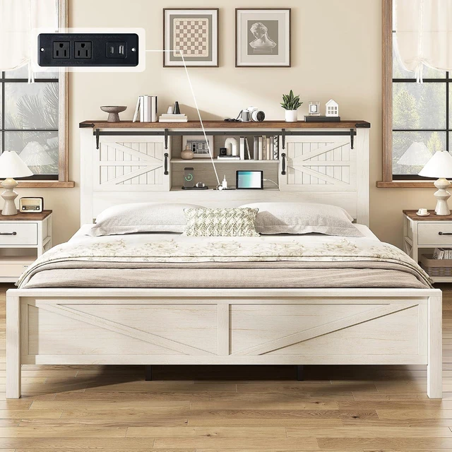 Alt view image 2 of 7 - King Size Farmhouse Platform Bed Frame with Bookcase Storage Headboard, Built-in Power Outlet & USB Ports, Rustic Barn Door Style Wood Bed, No Box Spring Required, Antique White