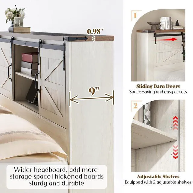 Alt view image 5 of 7 - King Size Farmhouse Platform Bed Frame with Bookcase Storage Headboard, Built-in Power Outlet & USB Ports, Rustic Barn Door Style Wood Bed, No Box Spring Required, Antique White