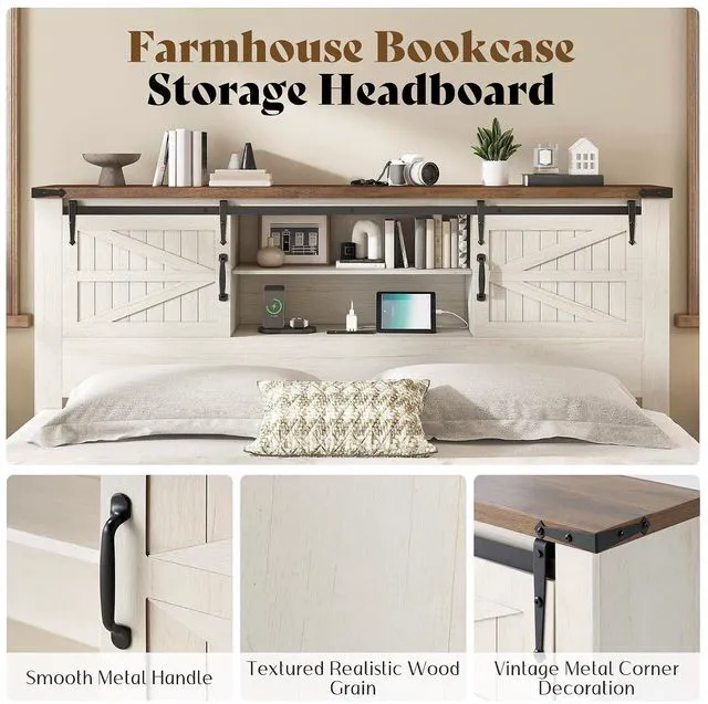 Alt view image 4 of 7 - King Size Farmhouse Platform Bed Frame with Bookcase Storage Headboard, Built-in Power Outlet & USB Ports, Rustic Barn Door Style Wood Bed, No Box Spring Required, Antique White