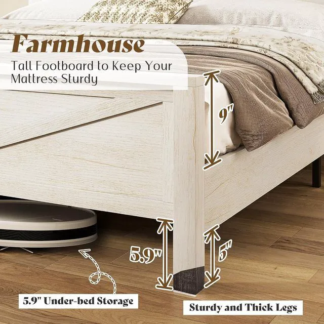 Alt view image 6 of 7 - King Size Farmhouse Platform Bed Frame with Bookcase Storage Headboard, Built-in Power Outlet & USB Ports, Rustic Barn Door Style Wood Bed, No Box Spring Required, Antique White