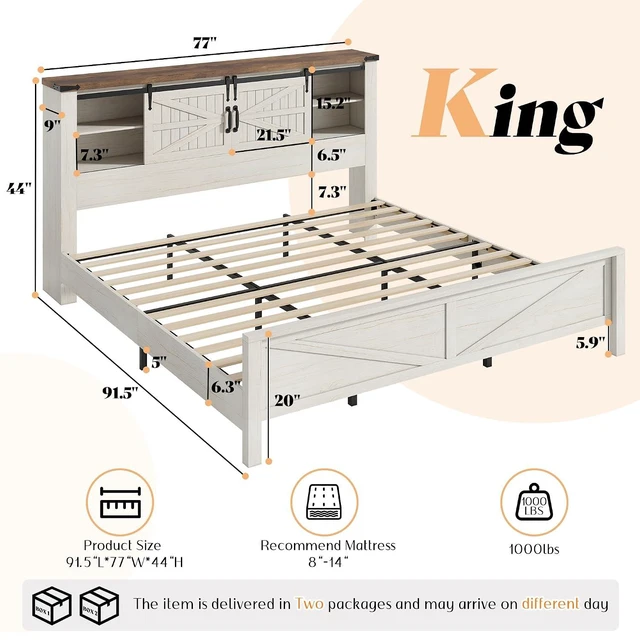 Alt view image 3 of 7 - King Size Farmhouse Platform Bed Frame with Bookcase Storage Headboard, Built-in Power Outlet & USB Ports, Rustic Barn Door Style Wood Bed, No Box Spring Required, Antique White