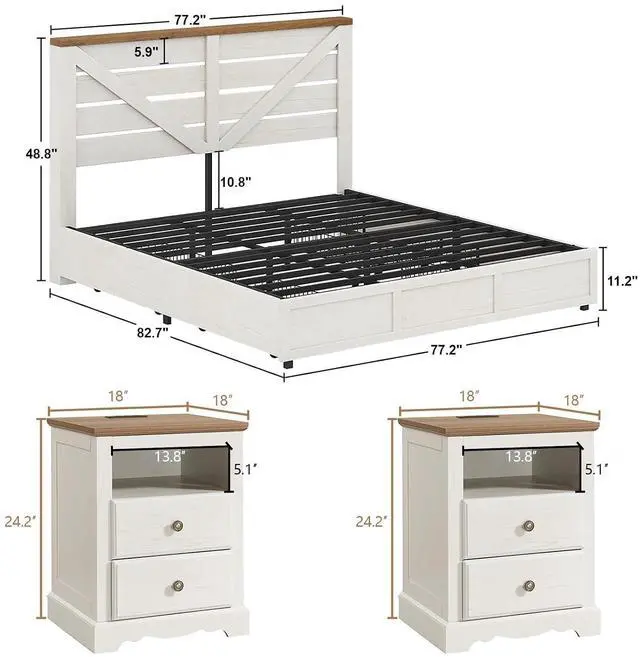 Alt view image 3 of 7 - 3 Piece Bedroom Set Including Farmhouse King Size Bed Frame with 4 Drawers, Nightstands Set of 2 with Charging Station for Bedroom, White