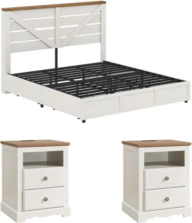 Main image of 3 Piece Bedroom Set, Including Farmhouse Queen Size Bed Frame with 4 Drawers, Nightstands Set of 2 with Charging Station for Bedroom, White