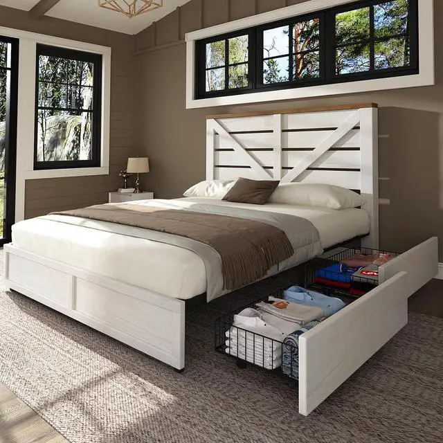 Alt view image 2 of 7 - 3 Piece Bedroom Set, Including Farmhouse Queen Size Bed Frame with 4 Drawers, Nightstands Set of 2 with Charging Station for Bedroom, White