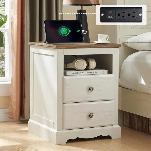 Alt view image 4 of 7 - 3 Piece Bedroom Set, Including Farmhouse Queen Size Bed Frame with 4 Drawers, Nightstands Set of 2 with Charging Station for Bedroom, White
