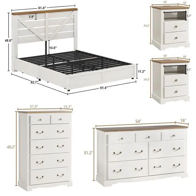Alt view image 3 of 7 - 3 Piece Bedroom Set, Including Farmhouse Queen Size Bed Frame with 4 Drawers, Nightstands Set of 2 with Charging Station for Bedroom, White