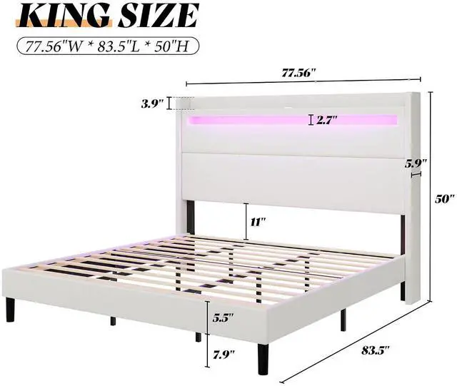 Alt view image 2 of 7 - King Bed Frame with LED Lights & Wingback Headboard, Upholstered Platform Bed with USB & USB-C Ports, No Box Spring Needed/Noise Free/White