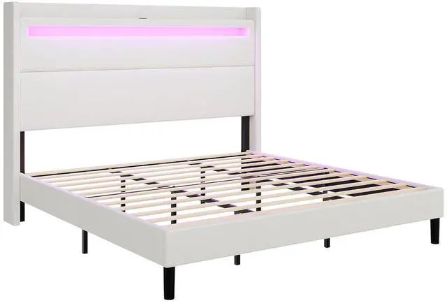 Alt view image 7 of 7 - King Bed Frame with LED Lights & Wingback Headboard, Upholstered Platform Bed with USB & USB-C Ports, No Box Spring Needed/Noise Free/White