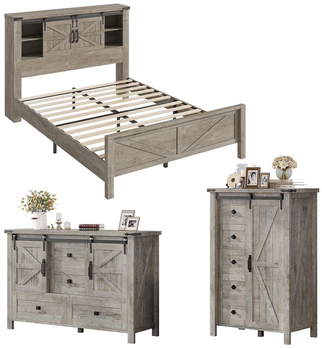 Main image of 3-Piece Farmhouse Bedroom Set, Full Size Bed with Sliding Barn Doors & Bookcase Headboard, 5-Drawer Tall Dresser, 4-Drawer Wide Dresser, Light Rustic Oak