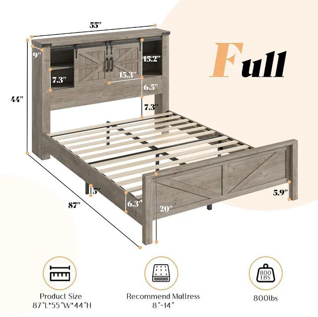 Alt view image 3 of 7 - 3-Piece Farmhouse Bedroom Set, Full Size Bed with Sliding Barn Doors & Bookcase Headboard, 5-Drawer Tall Dresser, 4-Drawer Wide Dresser, Light Rustic Oak