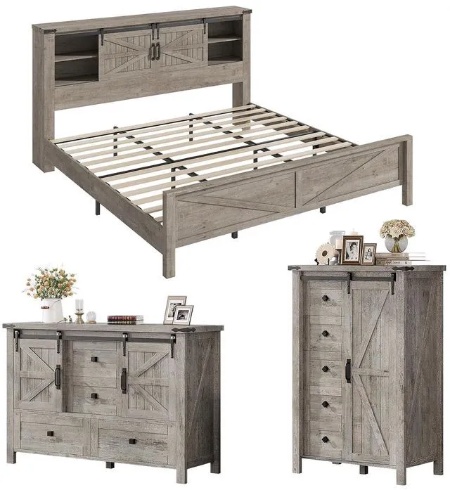 Main image of 3-Piece Farmhouse Bedroom Set, King Size Bed with Sliding Barn Doors & Bookcase Headboard, 5-Drawer Tall Dresser, 4-Drawer Wide Dresser, Light Rustic Oak
