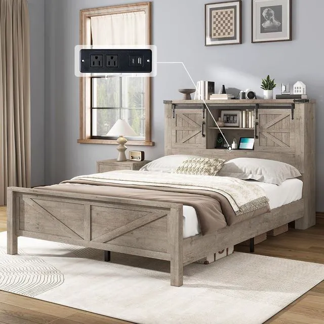 Alt view image 2 of 7 - 3-Piece Farmhouse Bedroom Set, Full Size Bed with Sliding Barn Doors & Bookcase Headboard, 5-Drawer Tall Dresser, 4-Drawer Wide Dresser, Light Rustic Oak