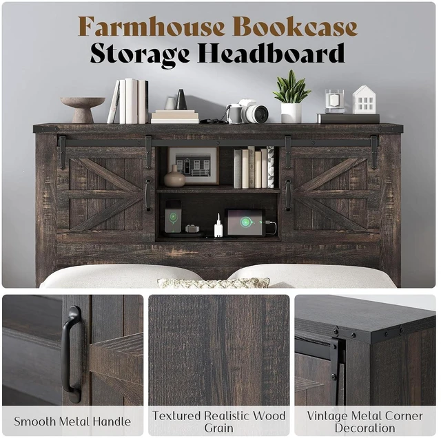 Alt view image 3 of 7 - Farmhouse Queen Bed Frame, Rustic Wood Platform Beds w/Barn Door Storage Bookcase Headboard & Charging Station, Bedroom Furniture, No Box Spring Needed, Dark Oak