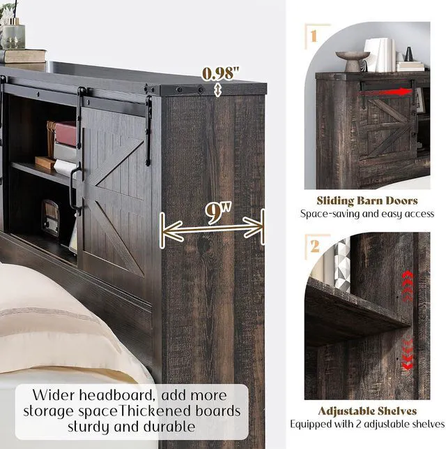 Alt view image 4 of 7 - Farmhouse Queen Bed Frame, Rustic Wood Platform Beds w/Barn Door Storage Bookcase Headboard & Charging Station, Bedroom Furniture, No Box Spring Needed, Dark Oak