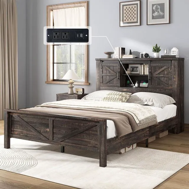 Main image of Farmhouse King Bed Frame with Storage Headboard & Charging Station, Rustic Wood Platform Bed with Barn Door Bookcase, No Box Spring Needed, Dark Oak Bedroom Furniture