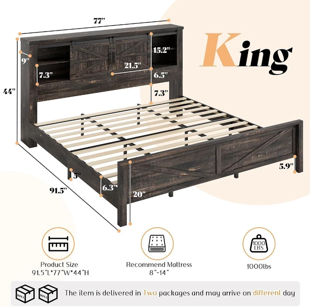Alt view image 2 of 7 - Farmhouse King Bed Frame with Storage Headboard & Charging Station, Rustic Wood Platform Bed with Barn Door Bookcase, No Box Spring Needed, Dark Oak Bedroom Furniture