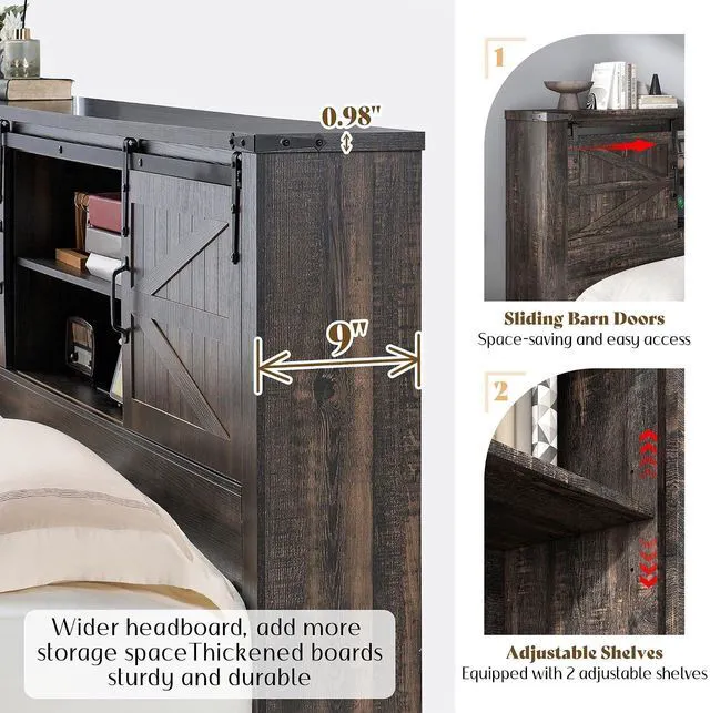 Alt view image 3 of 7 - Farmhouse King Bed Frame with Storage Headboard & Charging Station, Rustic Wood Platform Bed with Barn Door Bookcase, No Box Spring Needed, Dark Oak Bedroom Furniture