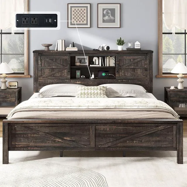 Alt view image 5 of 7 - Farmhouse King Bed Frame with Storage Headboard & Charging Station, Rustic Wood Platform Bed with Barn Door Bookcase, No Box Spring Needed, Dark Oak Bedroom Furniture